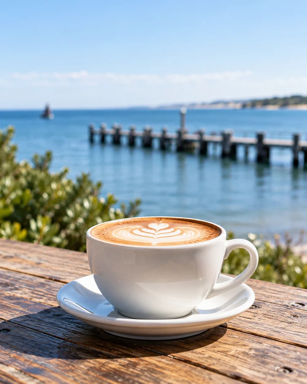 Illustrative coffee on a sunny café table overlooking the bay